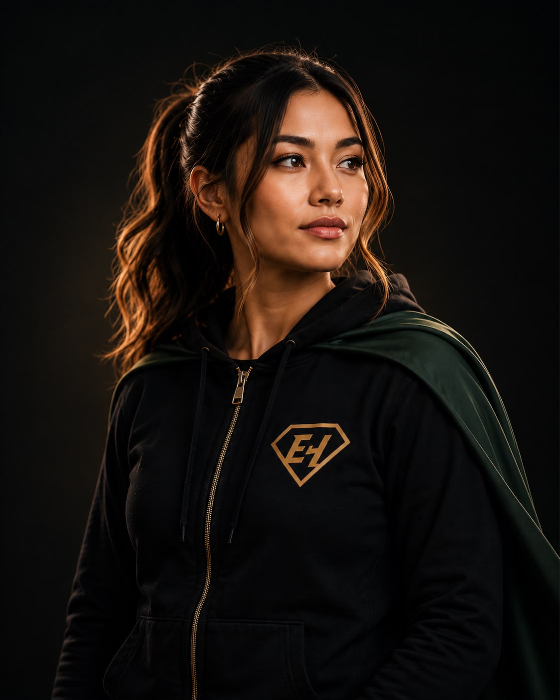 ECOM HERO operator wearing a branded hoodie and cape